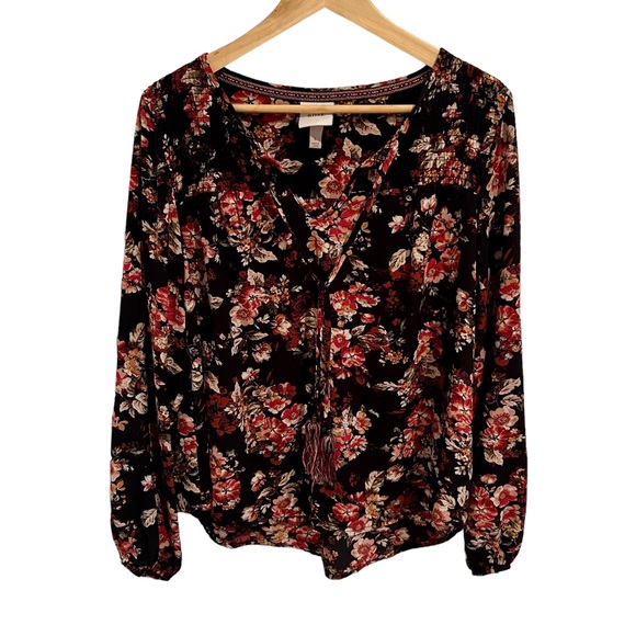 Knox Rose Tops - Knox Rose Blouse Floral Black with Red/Pink Flowers Tassels Size L